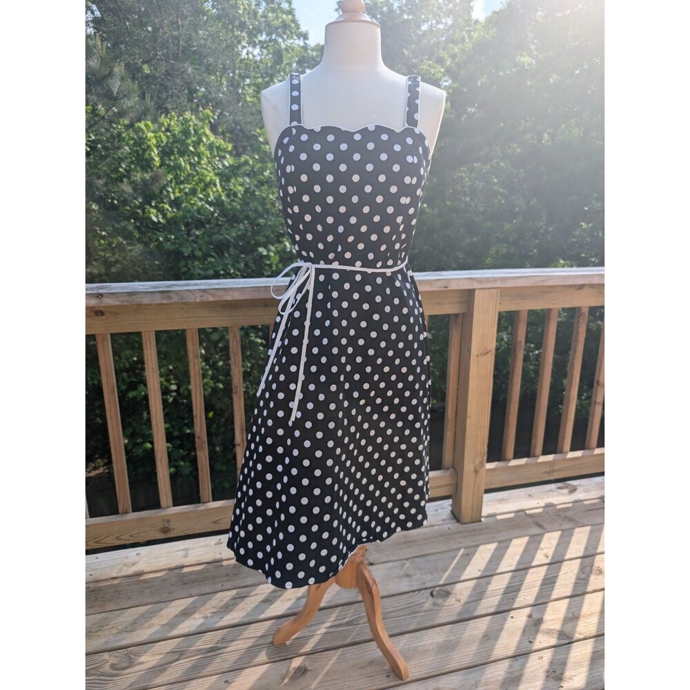 Madison Leigh Polka Dot Dress Black White Coquette Pin Up Belted 10 Cotton
